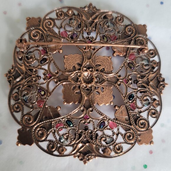 SATELLITE PARIS VINTAGE AMETHYST FACETED GLASS ON DETAILED COPPER BROOCH - Picture 2 of 4